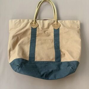 VTG LL Bean‎ Tote Bag Tan Canvas Freeport Maine Brown Leather Handle Plaid Zip